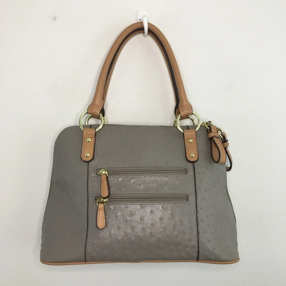 Taupe Ostrich & Tan Faux Leather Handbag